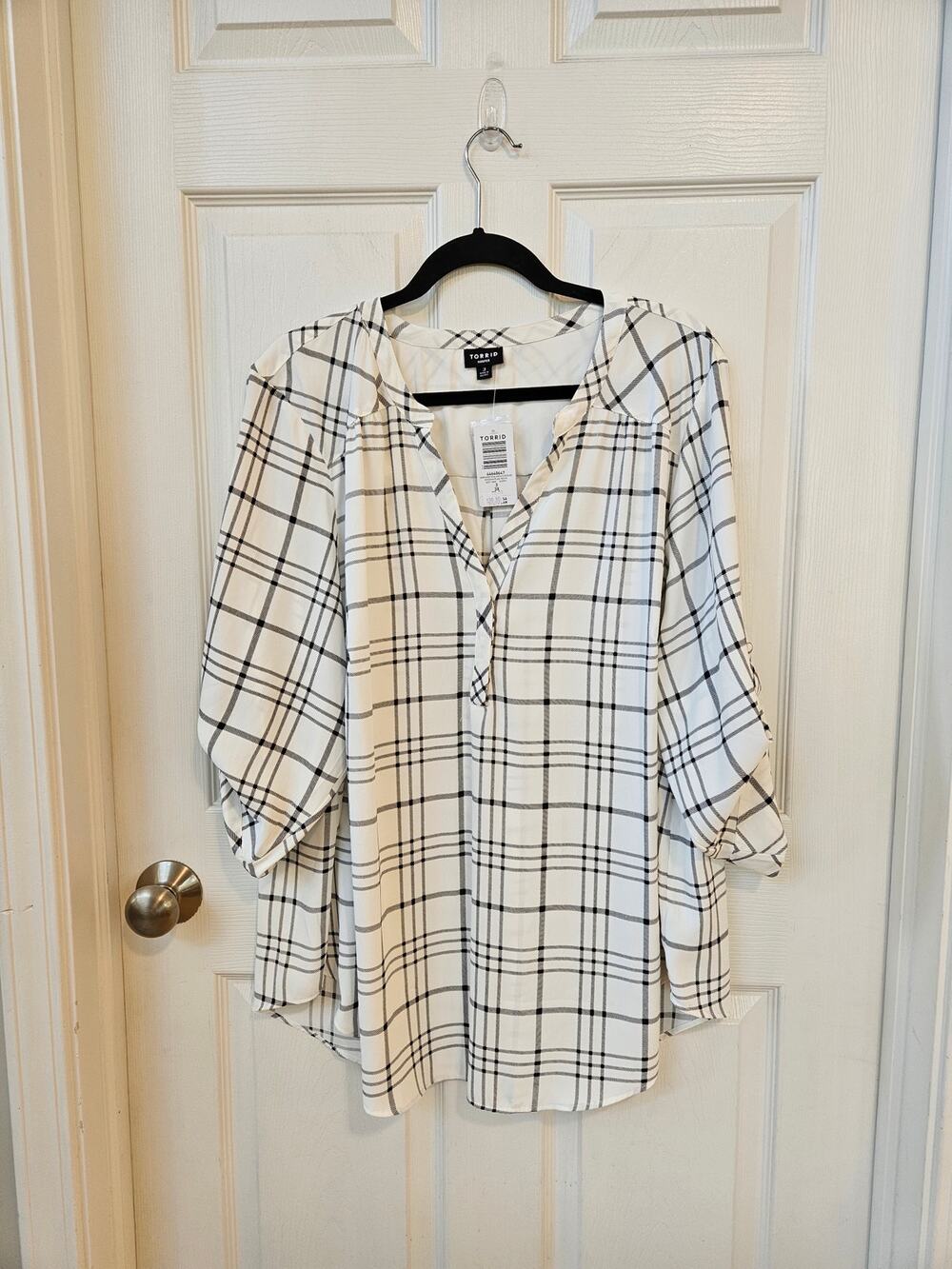 Torrid Harper Georgette Blouse 3X White Black Plaid 3/4 Sleeve NWT